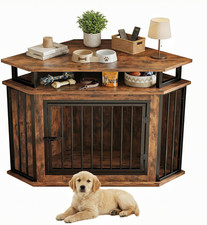 IRONCK 44" Corner Dog Crate with 2-Tier Shelves, Wooden Dog Kennel Furniture, Do
