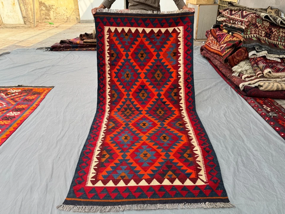 3x6 Vibrant Afghan Tribal Kilim – Bold Red & Blue Diamond Geometry – Handwoven - Image 2 of 4