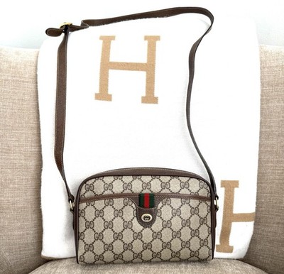 GUCCI Authentic GG Supreme Web Sherry Line Crossbody Bag Brown Leather Strap