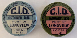 1938 dues pins. International Longshoremen's Union / ILWU. Longview Washington