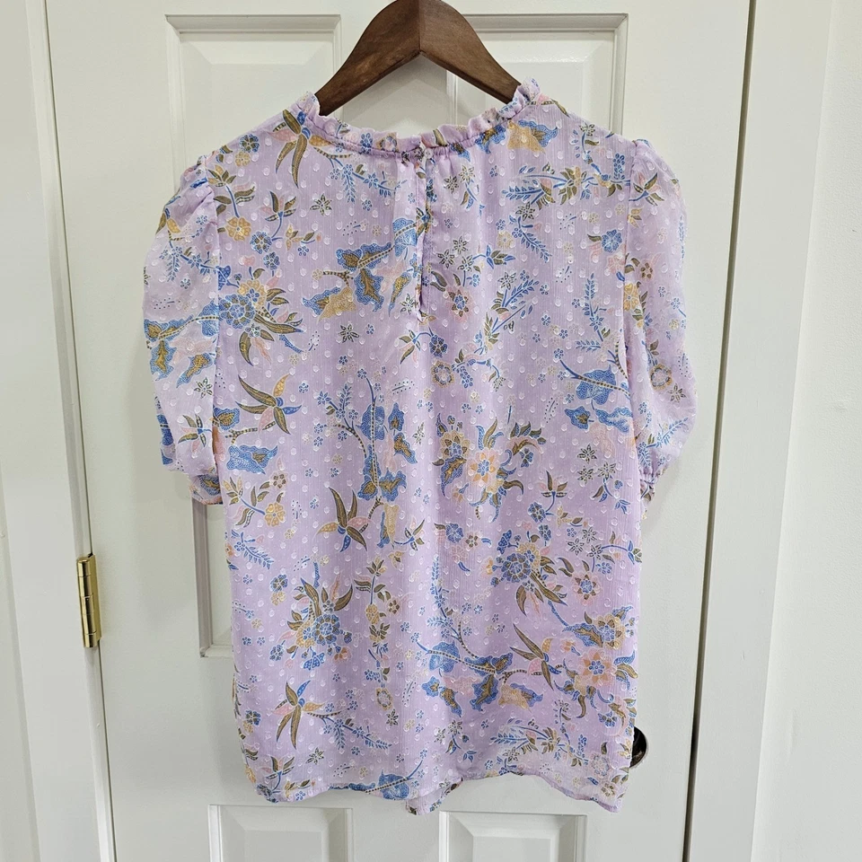 Blusa Top Para Mujer Rachel Zoe Púrpura Floral Volantes Cuello Manga Abullonada M Foto 4 de 4
