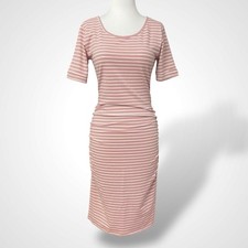 Liu & Qu Stretchy Cotton Bodycon Pink White Striped Dress Size M Midi Ruched