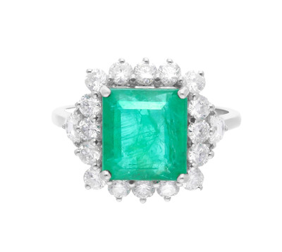 18k White Gold 5.10 Carats Zambian Emerald & Lab Grown Diamonds Halo Women Ring