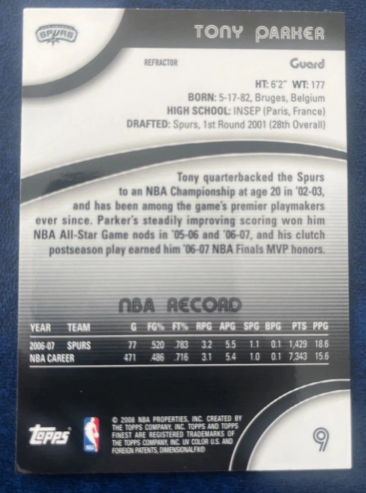 2007-08 Topps Finest Tony Parker #9 Refractor - Image 2 of 2