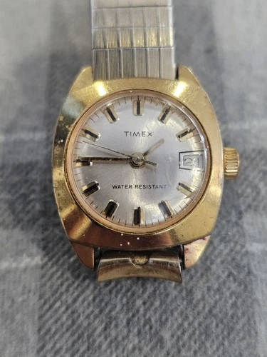 Vintage Timex Watch Women 25mm Gold Silver Tone Date Stretch Band Manual Wind