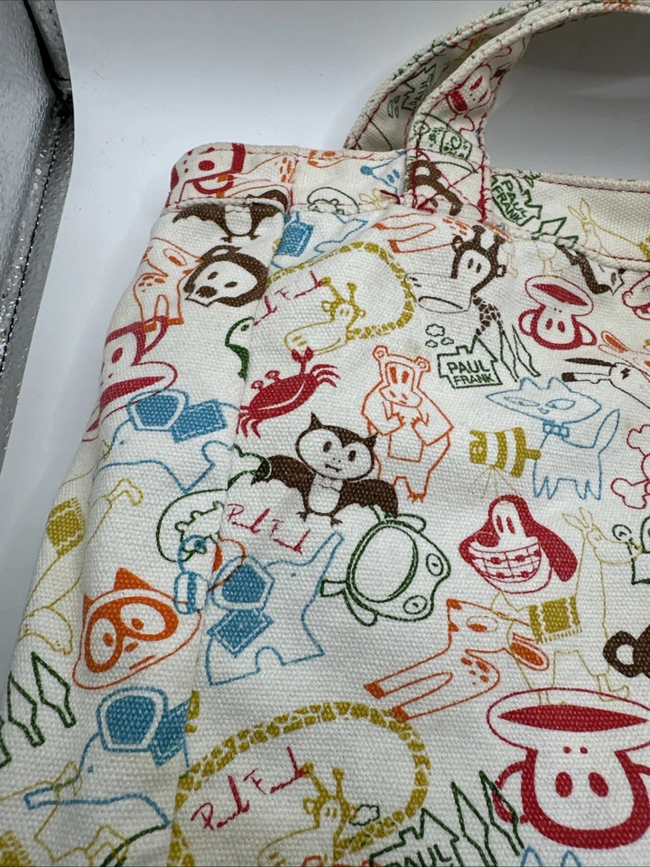 Bolso de Mano Paul Frank Blanco 2005 Multi Boceto Arte Lona Pequeño Cartera 11” X 12”x3.5 Foto 3 de 4