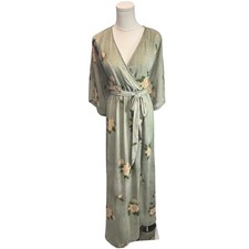 Baltic Born Maxi Dress Green Floral Wrap Flutter Sleeve Romantic Chiffon XL