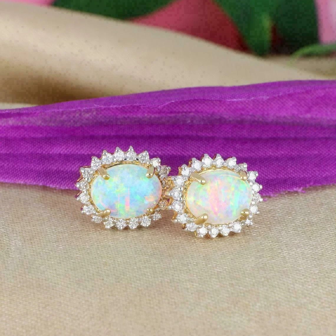 4Ct Oval Cut Simulated Fire Opal Push Back Halo Stud Earrings 14K Gold Plated