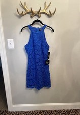 Lulus Women's Love Poem Royal Blue Floral Lace Mini Dress High Neck Halter Large