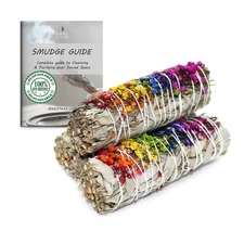 Floral White Sage Smudge Sticks with Flowers 3 Pack for Cleansing Home,...