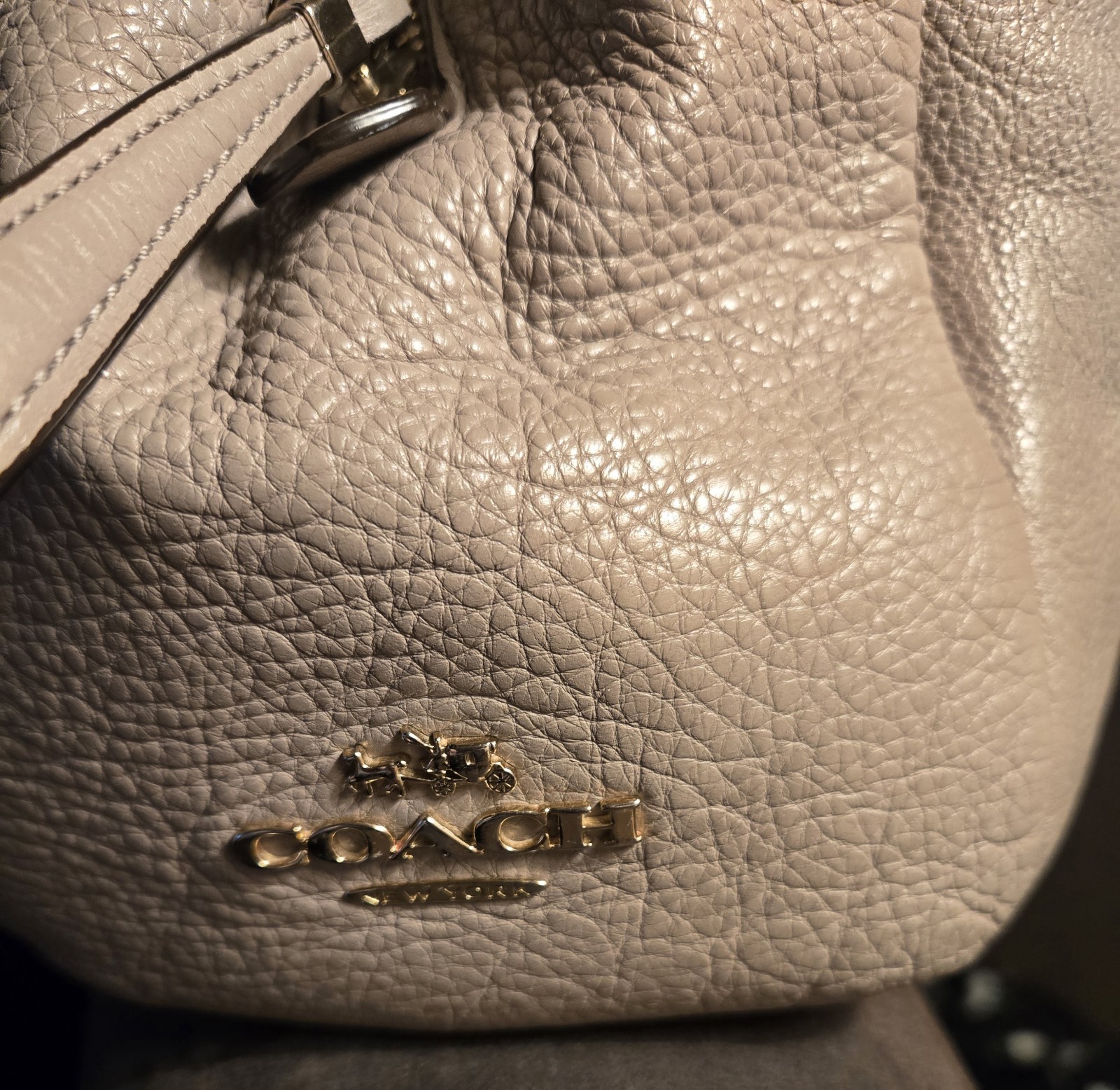 Coach Beige Pebbled Shoulder Bag with Silver Hardware & Purple Lining