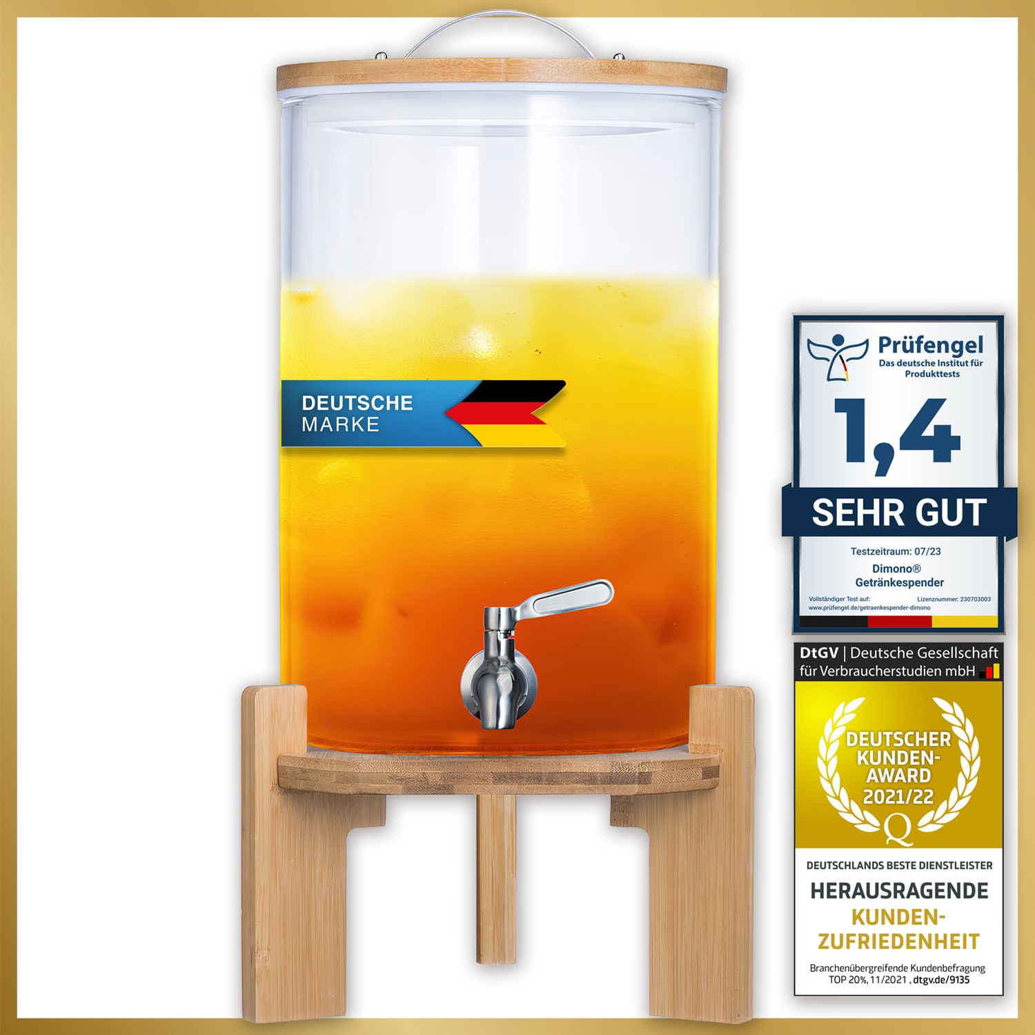 5L Luxus Getränkespender mit Zapfhahn aus Glas - XXL Wasserspender & Ständer 8L