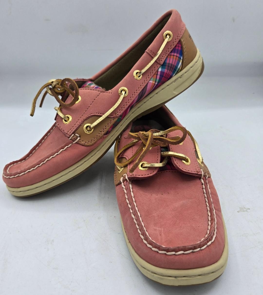 Sperry Top Sider Leather Loafer/Boat Shoes, Women’s Pink/Tan/Plaid Size 8M