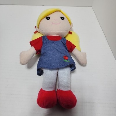 Gi-go Gigo Baby Girl Doll Soft Stuffed Plush Cloth Velour Blonde Denim Dress Red