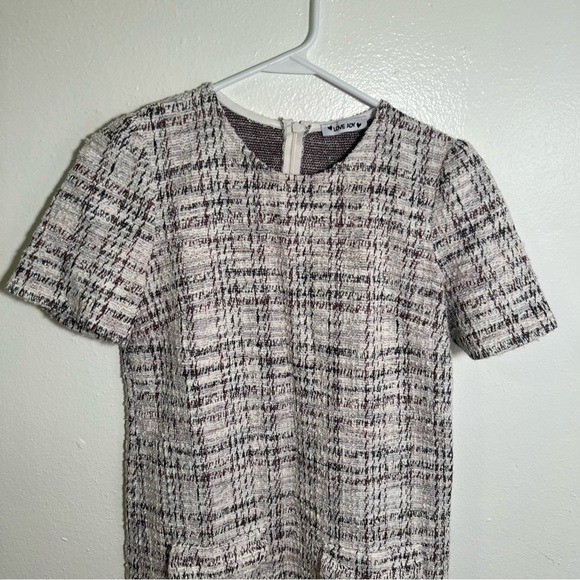 Love Ady Women’s Boucle Tweed Shift Dress White Maroon Black Metallic Short Slv