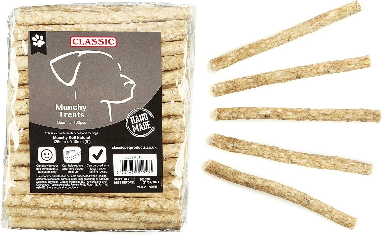 Classic 100 x Rawhide Healthy Dog Chews Treats Snack Sticks Munchy Roll Natural