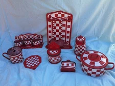 8 ANTIQUE VINTAGE LUSTUCRU RED WHITE ENAMELED KITCHEN UTENSILS