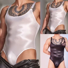 Mens Sleeveless Oil Glossy Underwear Bodysuit Nightclub Jumpsuit Elastic Fabric