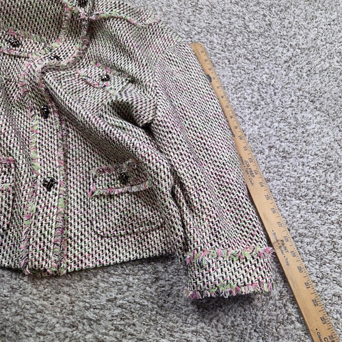 Talbots Tweed Fringe Blazer Womens 14P Pink Green Career Casual Lined 3/4 Sleeve - Picture 6 of 7