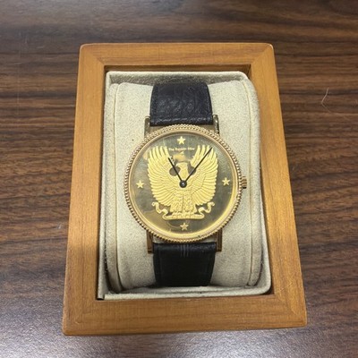 Rare 1986 The Franklin Mint Eagle Coin Dial H.G.E Watch Needs New Battery Black