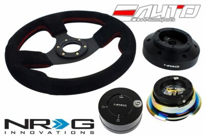 NRG 320mm Race Suede Red Stitch Steering Wheel 101H Hub 2.8 BKMC Release Lock LB
