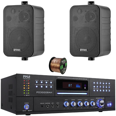 Pyle PD3000BAH FM Stereo Receiver, 2x 4'' 30W 3-Way Indoor/Outdoor Black Speakers