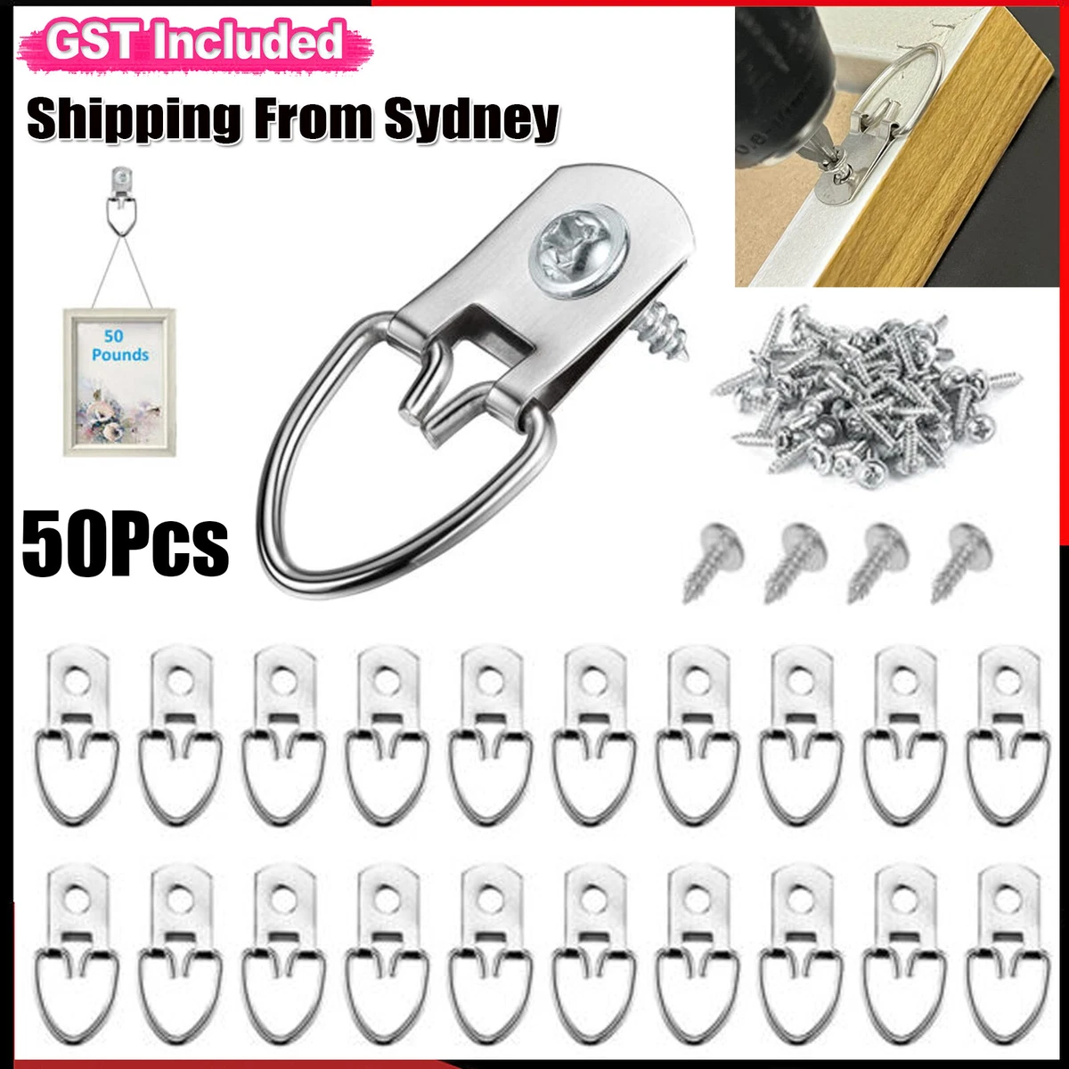 50Pcs Medium D-Ring Painting Picture Frame Hanger Hanging Hooks+Screw Silver AUS