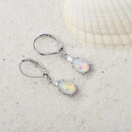 Oval White Gold Fire White Opal Drop Earrings Silver Filled For Women Girl - Picture 3 of 8
