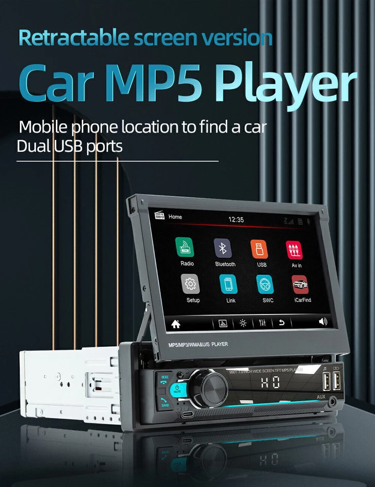 Retractable 7" Single DIN Touch Screen Car MP5 Stereo Radio SWC BT with Camera - Image 2 of 4