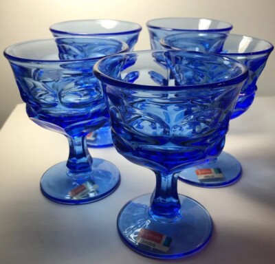 5 Fostoria Blue Argus Champagne Glasses  Intact Labels Vintage .