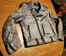 Schott Perfecto Style Harley Davidson Distressed Grey Leather Jacket Sz L  D-Poc