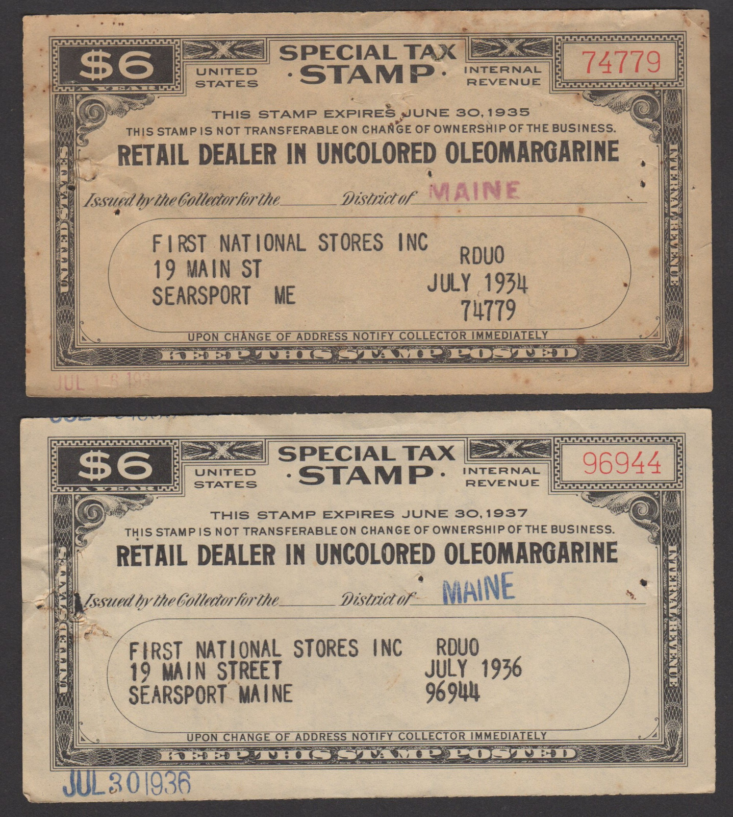 Lot of 2 Special Tax Stamp 1934 + 36 Searsport Maine Oleomargarine eBay