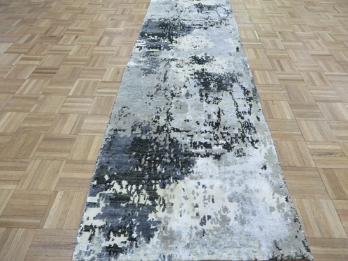 2'7 x 9'8 Runner Hand Knotted Gray Modern Abstract Oriental Rug With Silk G9202 - Picture 2 of 10