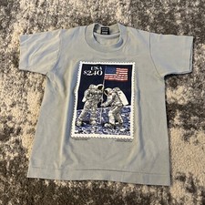 Gray USPS Stamp Shirt USA $2.40 Moon Land1989 Flag kids 10/12 Single stitch VTG