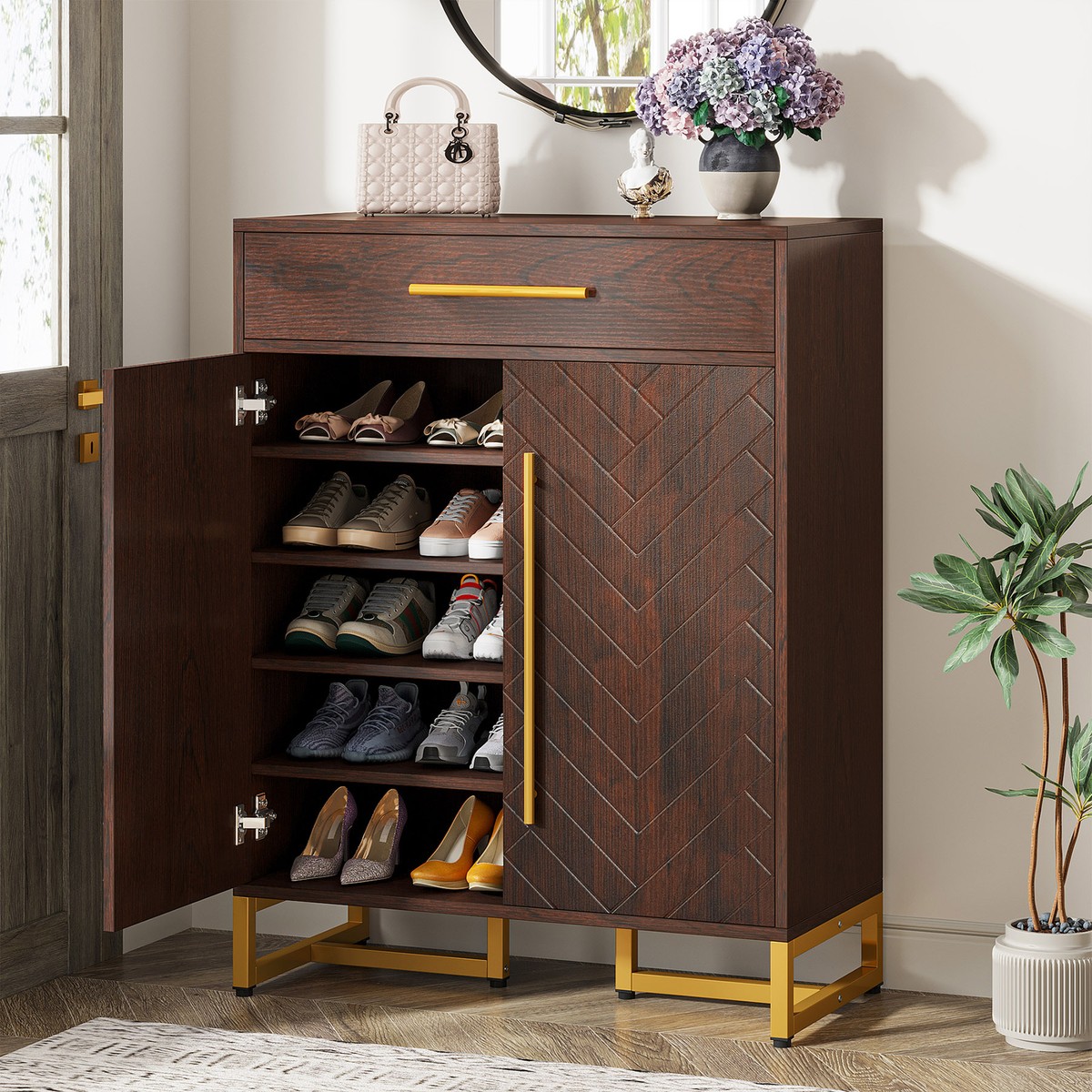 Wooden Shoe Rack Design With Doors Tier Wood Shoe Cabinet Modern - Main Image