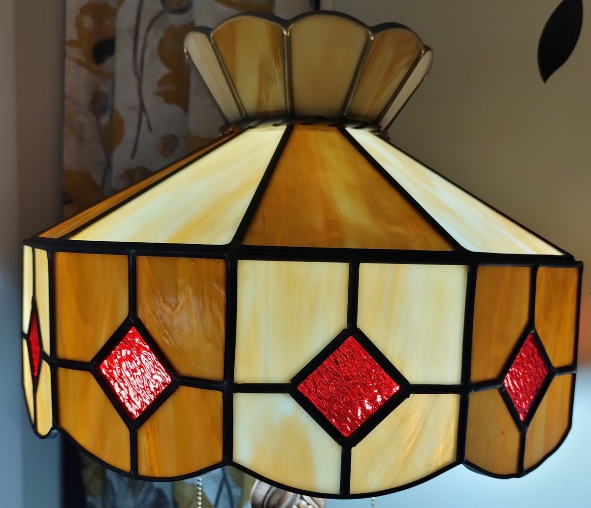 Vintage Stained Slag Glass Channel Hanging Ceiling Light Shade 1970 Hardware