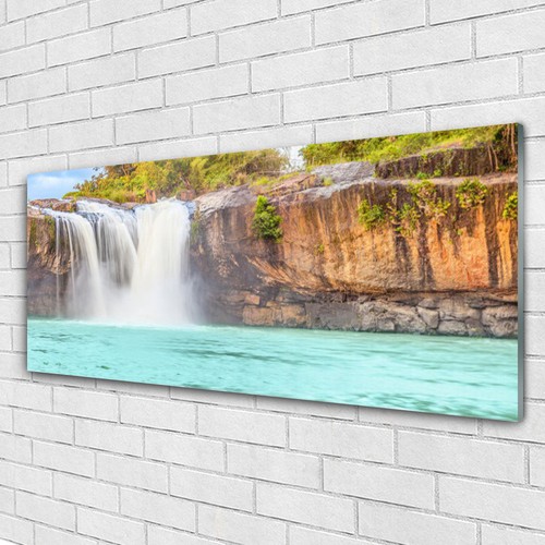 Tableau Mural Sous Verre "Cascade Lac Forêt" 125x50 Cm - Impression Moderne Nature - Tulup