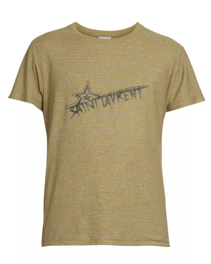 Autentica T shirt in cotone verde Saint Laurent logo a righe Star Kaki taglia small
