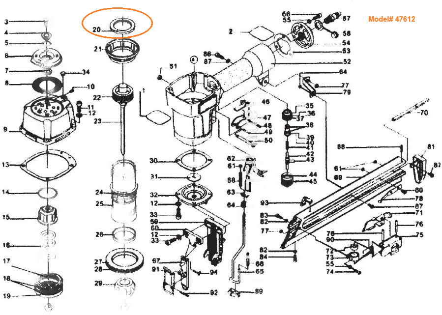Milwaukee pneumatic brad nailer air valve O-ring replacement parts diagram