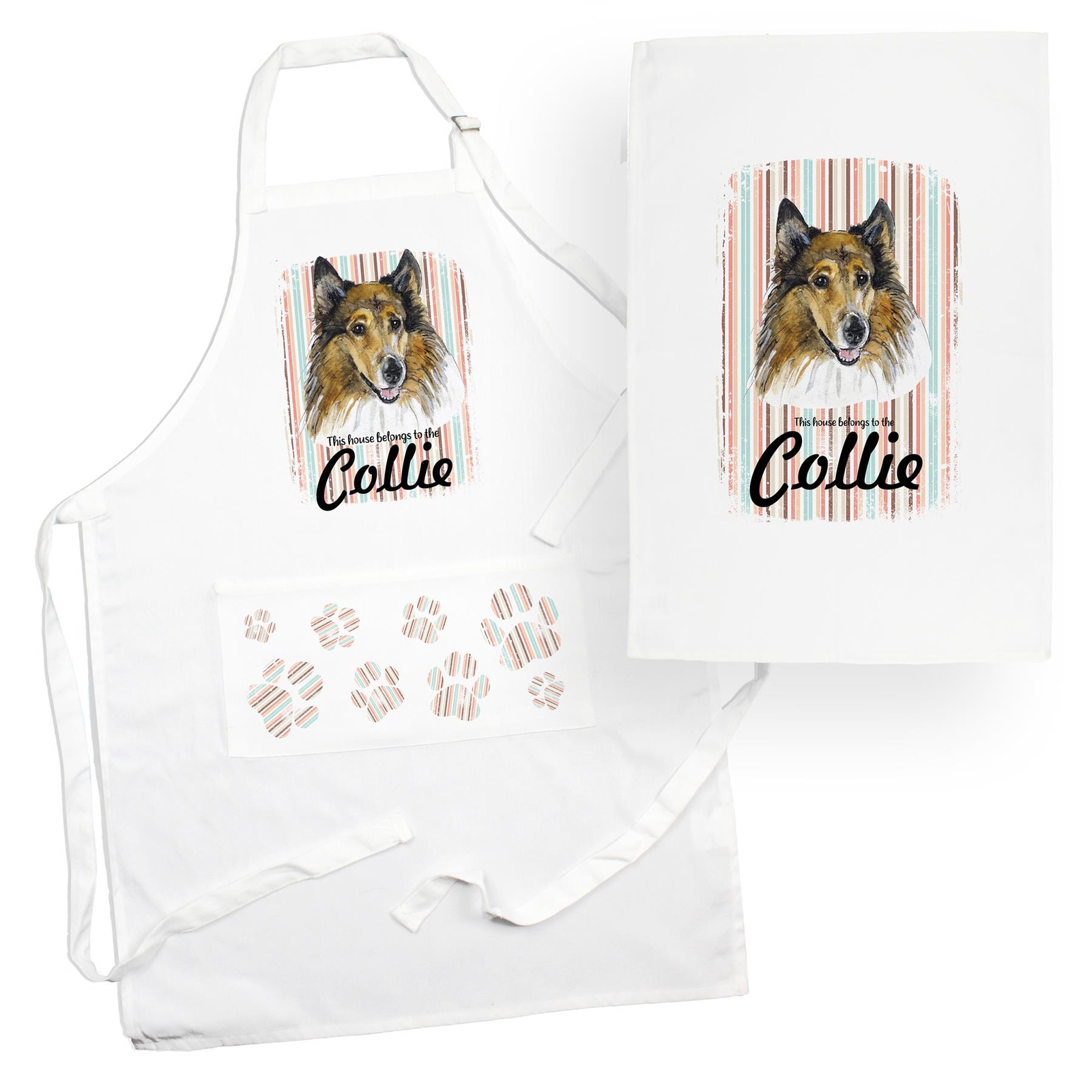 Rough Collie Tea Towel & Apron Set - Dogs & Paw Prints Kitchen Linens Gifts