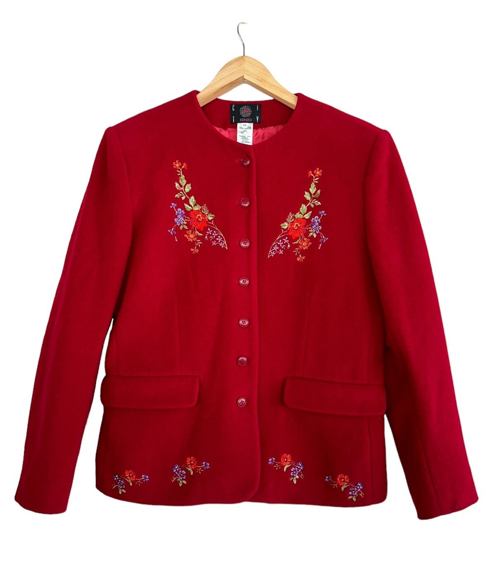 Vintage KENZO Red Wool Jacket Colorful Embroidery Flowers