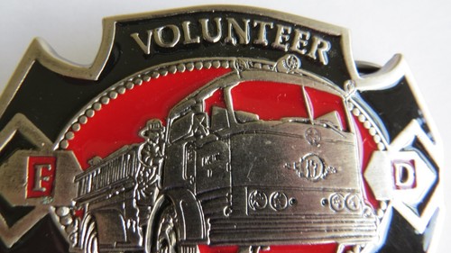 VOLUNTEER FIREMAN Belt Buckle Fire Truck Black Red Enamel F.D. - Picture 2 of 9