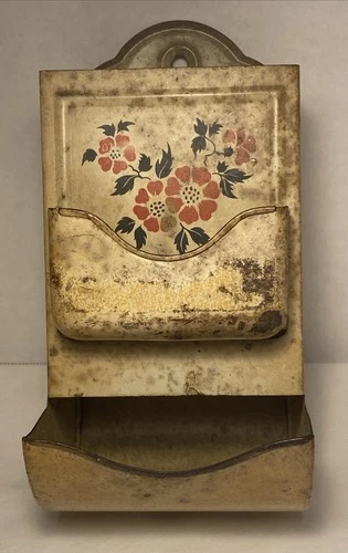 Metal Tin Match Box Holder Vintage Wall Mount Yellow Floral Matches Rustic