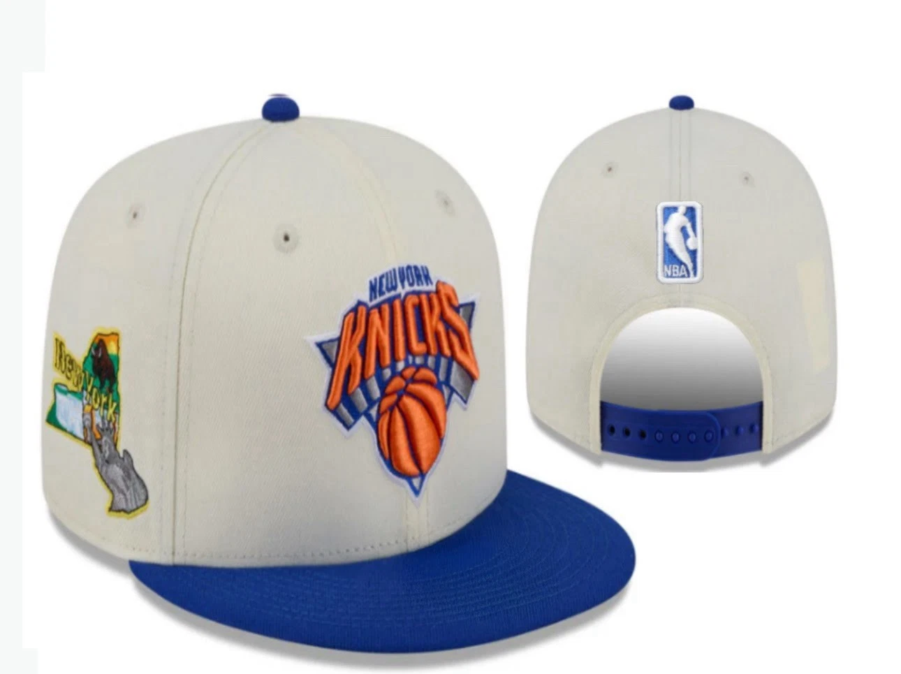 New York Knicks Snapback Hat Cream Blue Flat Brim Embroidered Adjustable Cap