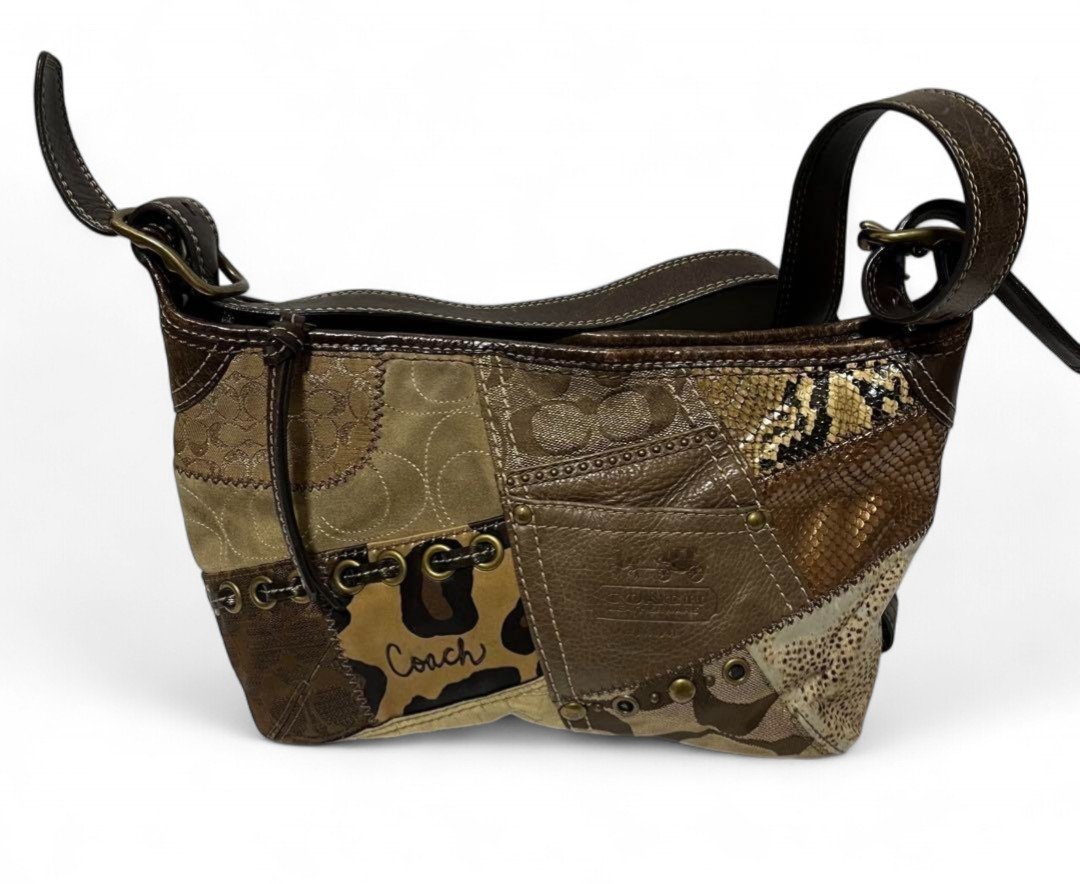 バッグ Coach Patchwork shoulder bag leopard y2k Coach Patchwork Leopard Shoulder Bag Y2K Animal Print Brown
