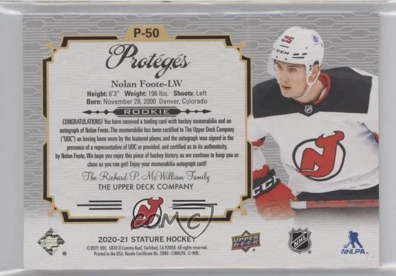 2020 Upper Deck Stature Proteges /24 Nolan Foote #P-50 RPA Rookie Patch Auto RC - Image 2 of 2