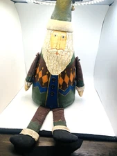 VTG Santa Sitter 12" Tall Green Stuffed Canvas Hand Painted Folk Art Primitive
