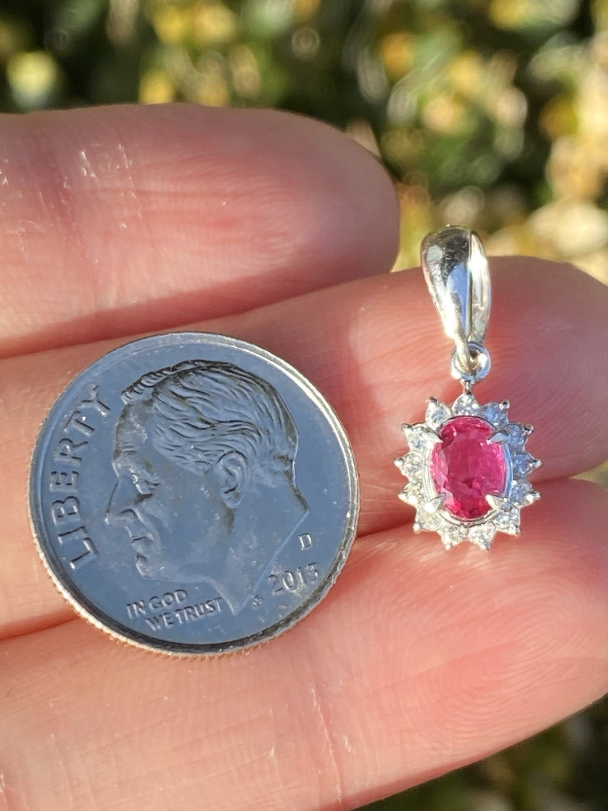 Solid Platinum Natural Ruby And Diamond Halo Pend… - image 5