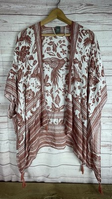 Vince Camuto phoenix floral print kimono top Boho Birds Artsy Beachy Tassels OS