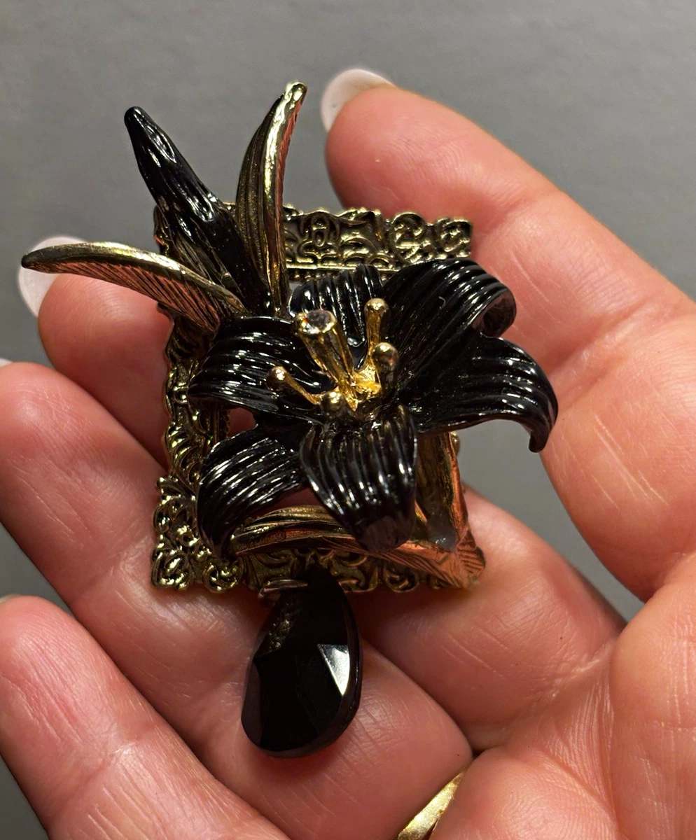 Blume Brosche/Anstecknadel gold/schwarz Metall 1 Stein tropfenförmiger Anhänger